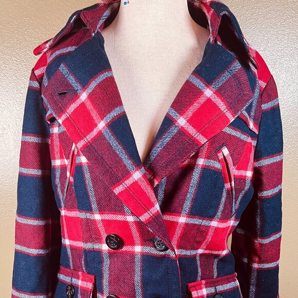 American Eagle Plaid Jacket Red Blue White Button Front Wool Coat Womens Size L - Picture 1 of 14